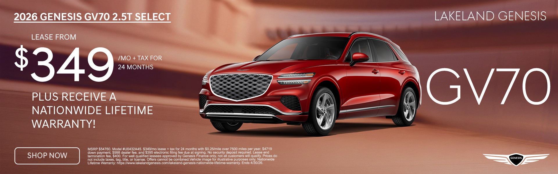 2026 Genesis GV70 2.5T Select Lease from $349 per month