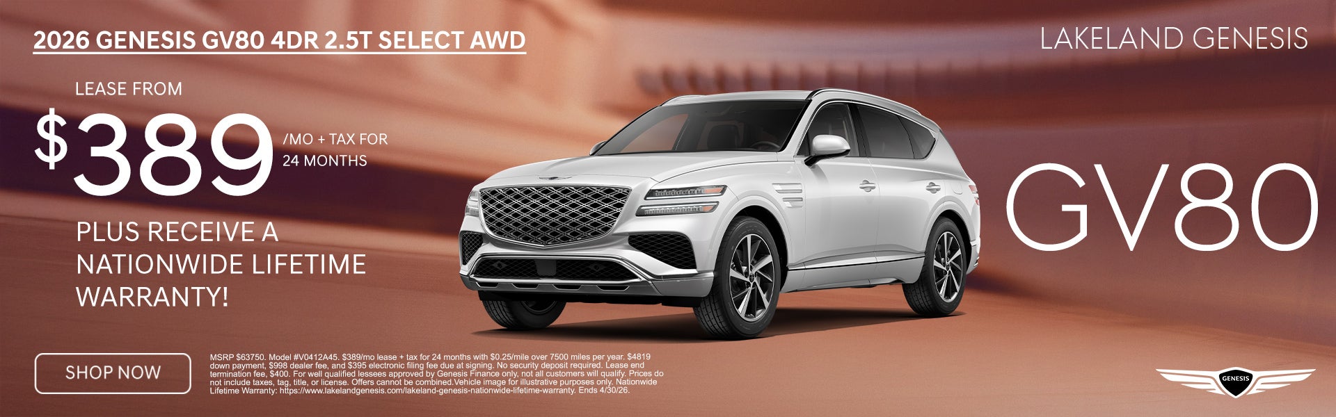 2026 Genesis GV80 4DR 2.5T Select AWD Lease from $389 per mo