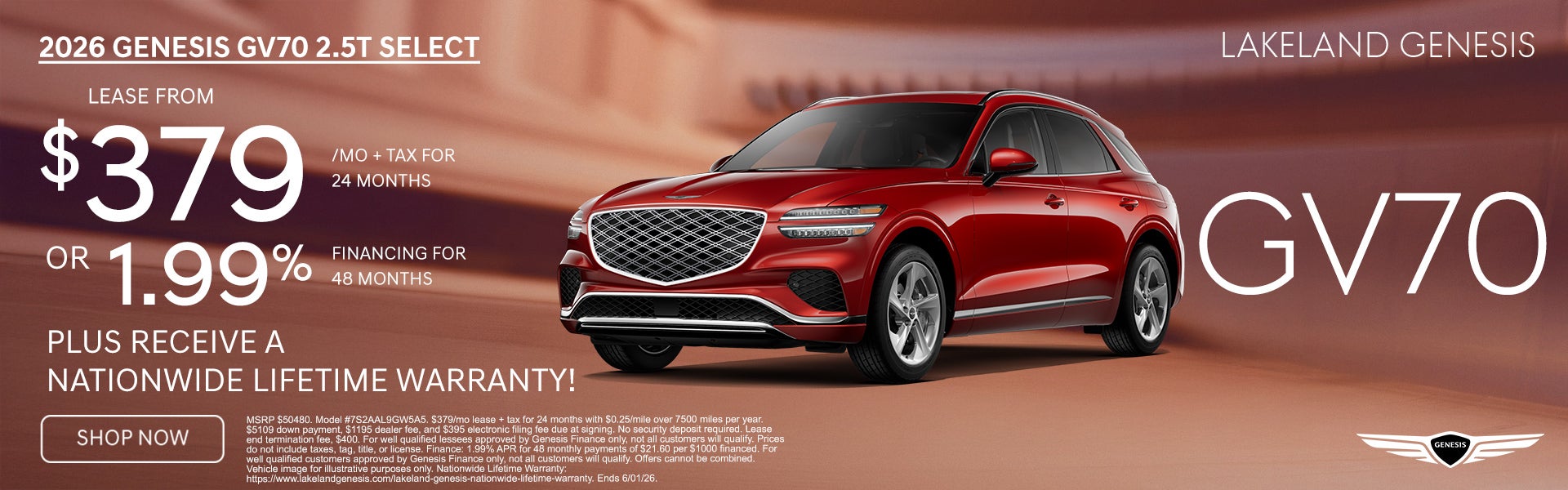 2026 Genesis GV70 2.5T Select Lease from $379 per month