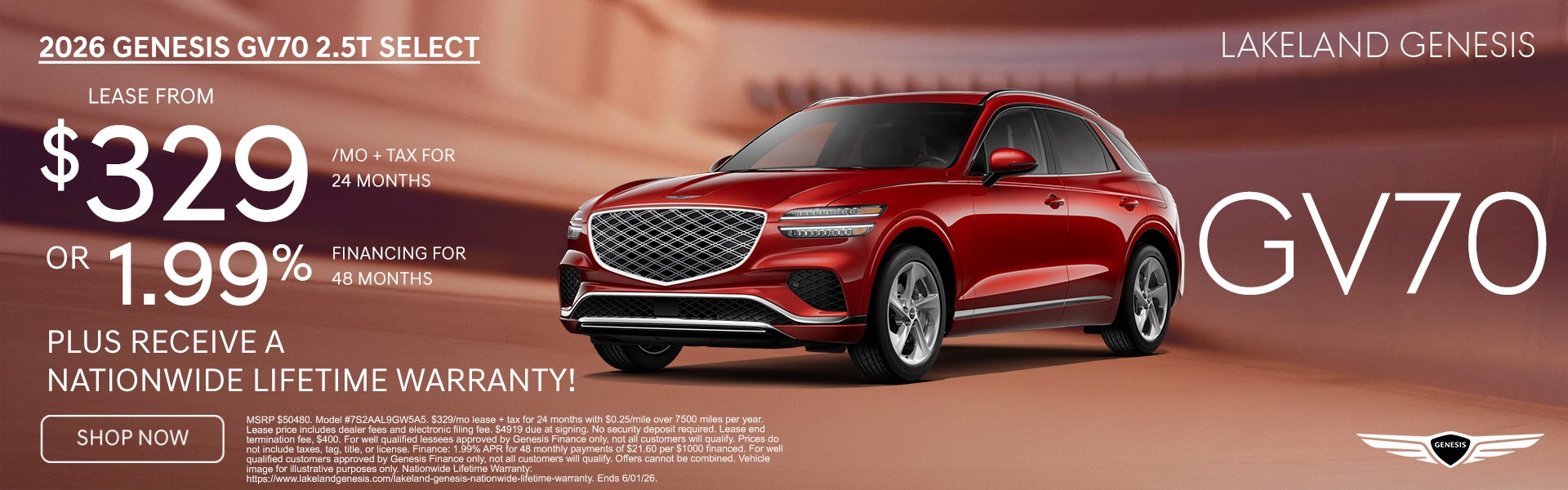 2026 Genesis GV70 2.5T Select Lease from $329 per month