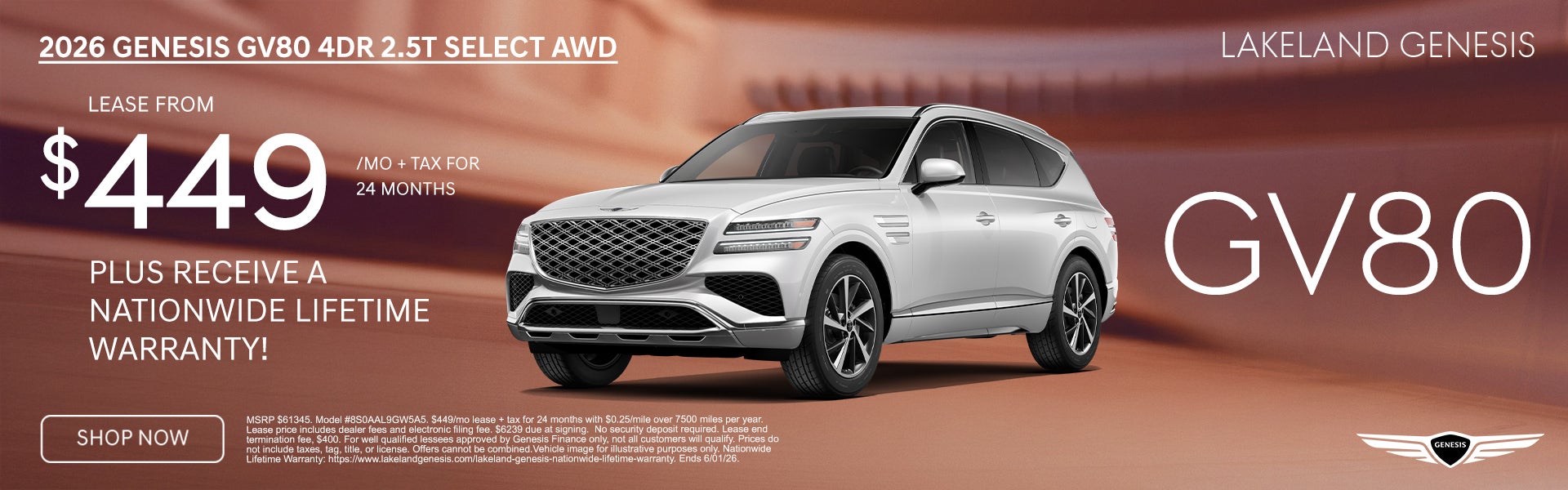 2026 Genesis GV80 4DR 2.5T Select AWD Lease from $449 per mo